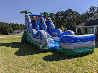 Blue tropical dual-lane inflatable water slide