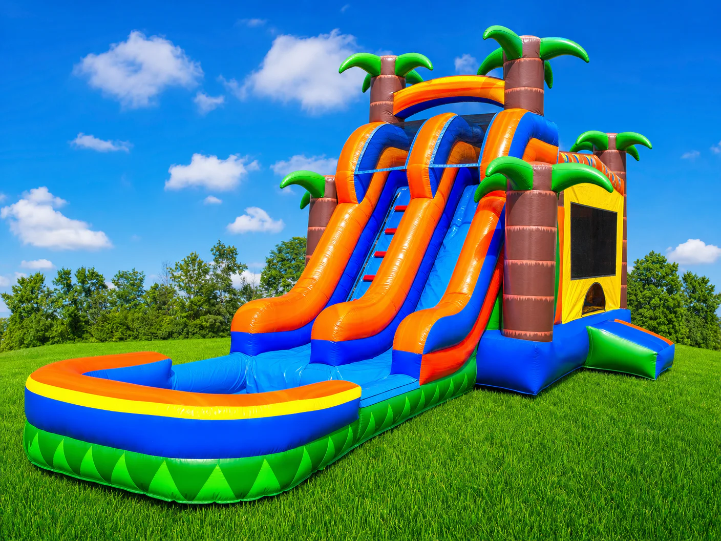 Wow Inflatables green blue inflatable obstacle course rental angle view at outdoor church or school event in Georgia