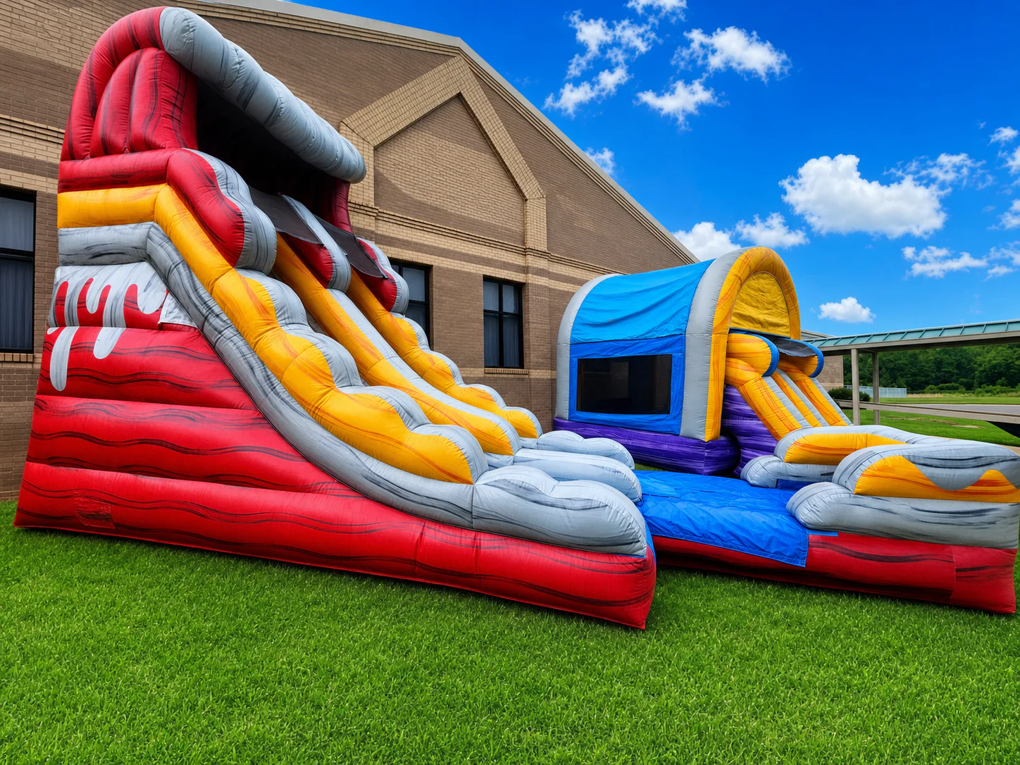 Wow Inflatables red and grey dual lane inflatable water slide rental at outdoor summer event in Middle Georgia — adult water slide rental