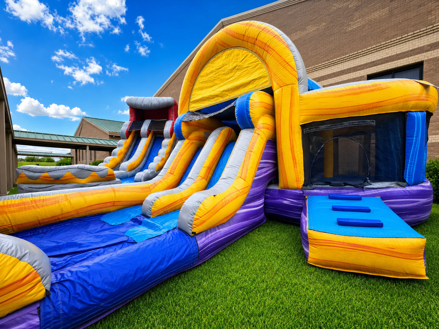Wow Inflatables yellow and purple combo bounce house water slide rental full view at outdoor birthday party in Middle Georgia