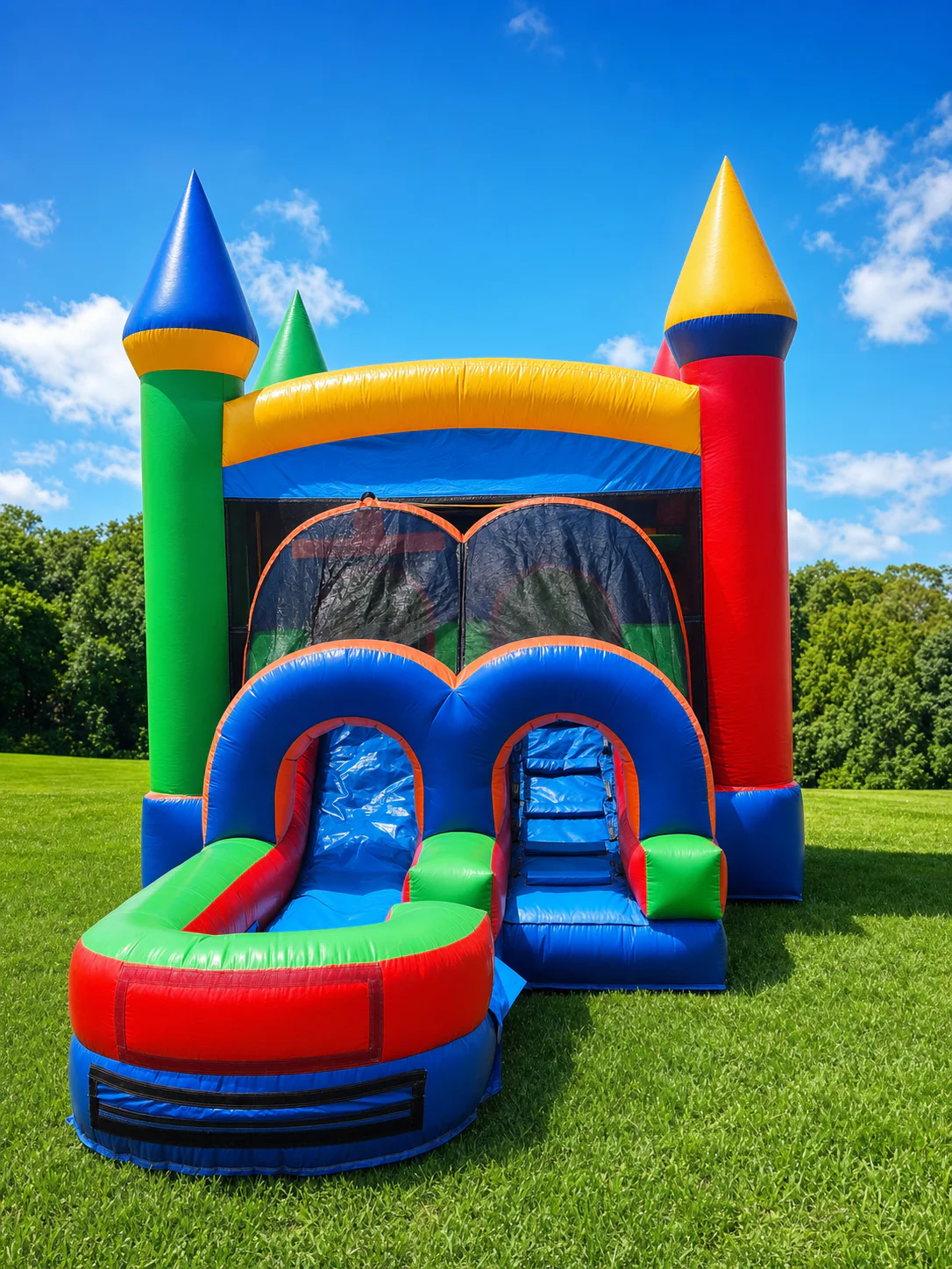 Wow Inflatables colorful castle combo bounce house rental front view at outdoor birthday party in Middle Georgia — castle inflatable with slide