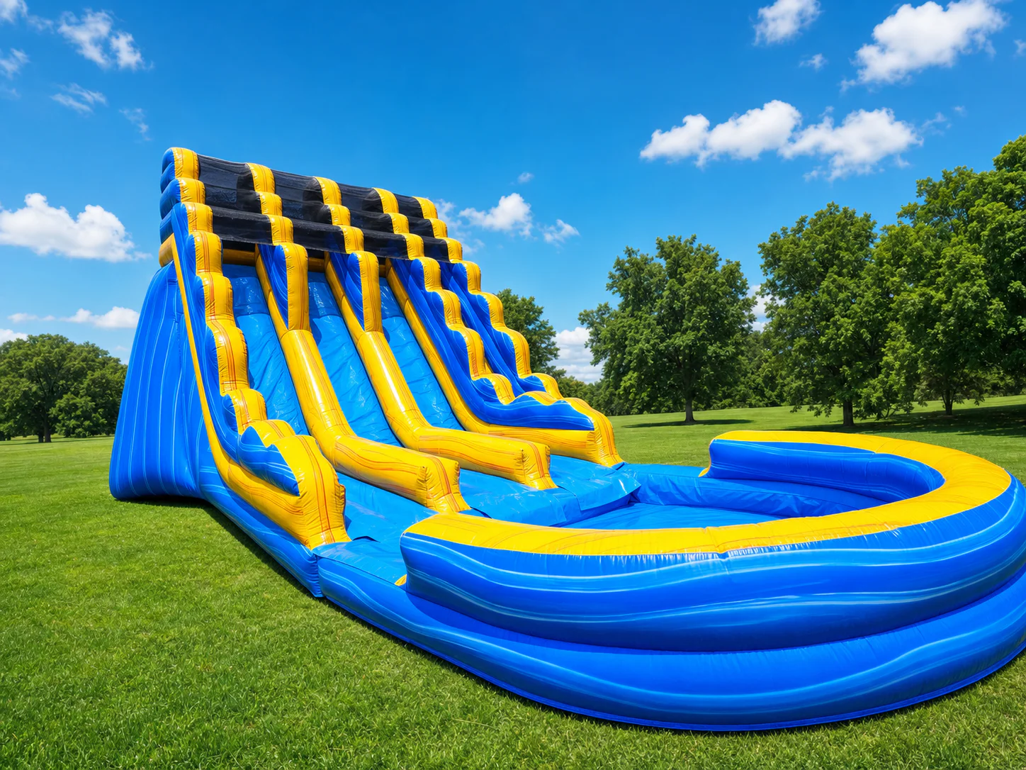 Wow Inflatables triple lane blue and yellow inflatable water slide rental side view at outdoor large group event in Georgia — three lane water slide