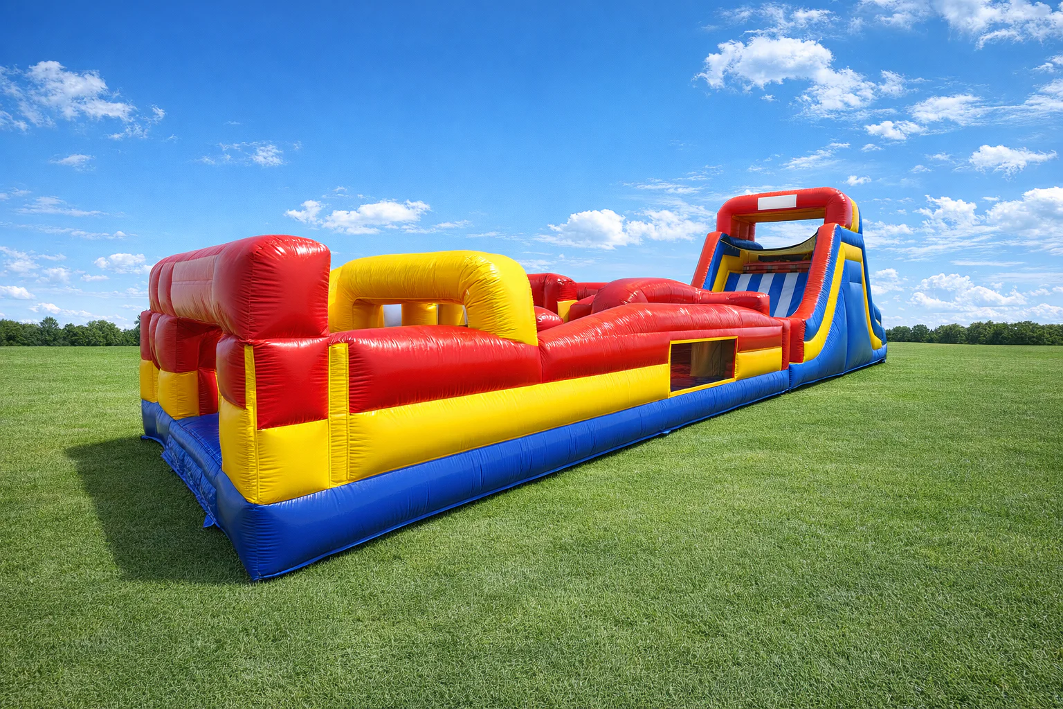 Wow Inflatables red yellow blue inflatable obstacle course rental obstacle section angle view at outdoor event in Middle Georgia