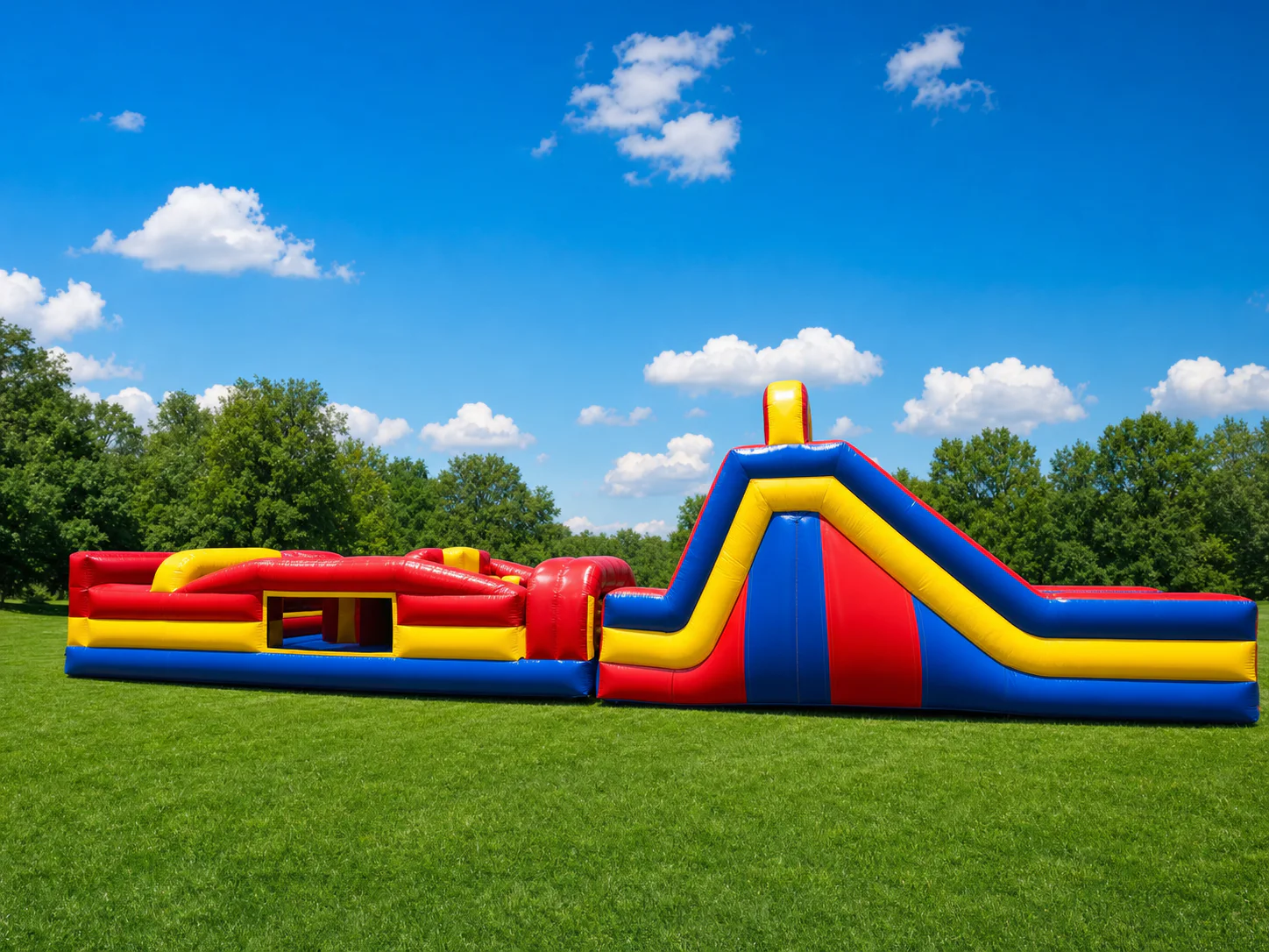 Wow Inflatables red yellow blue inflatable obstacle course rental full length wide view at outdoor large event in Georgia — complete obstacle course
