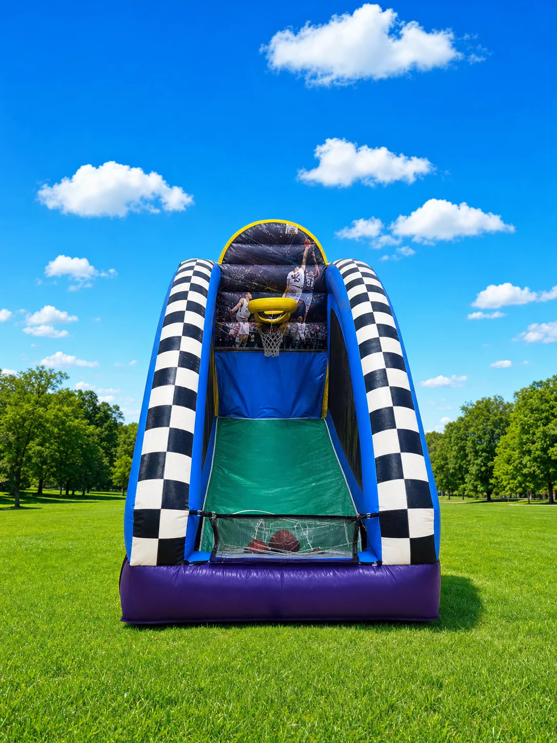 Wow Inflatables inflatable basketball shooting game exterior front view at outdoor event in Middle Georgia — sports themed inflatable rental