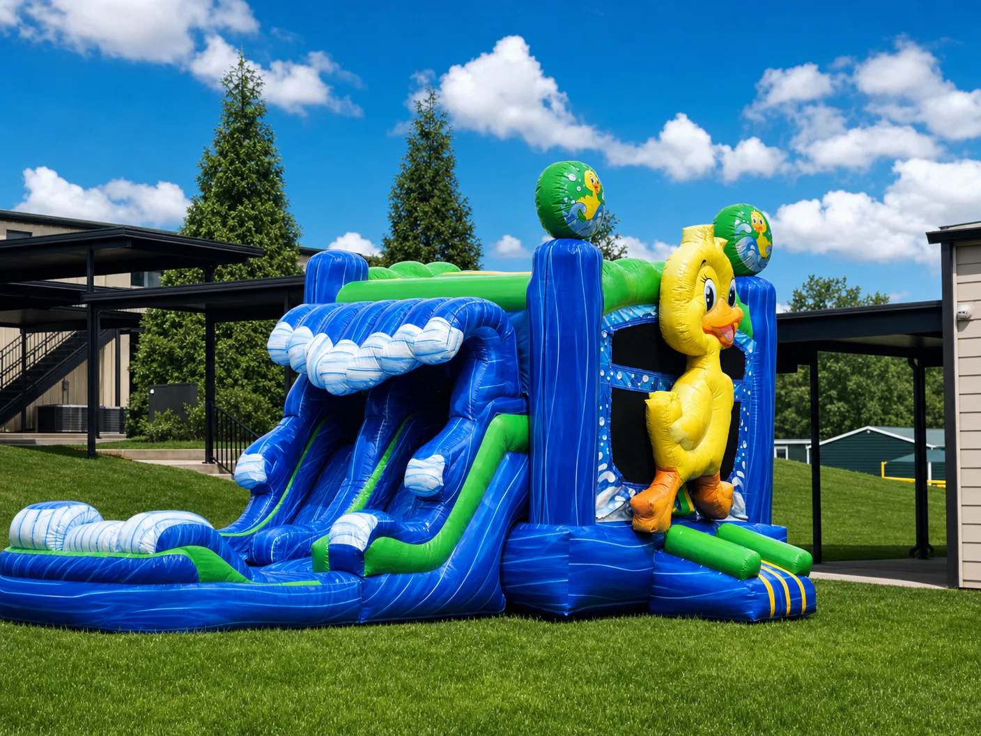Wow Inflatables duck themed inflatable water slide rental with large yellow rubber duck character and blue green wave patterns set up on green grass in Kathleen Georgia — kids water slide rental Houston County