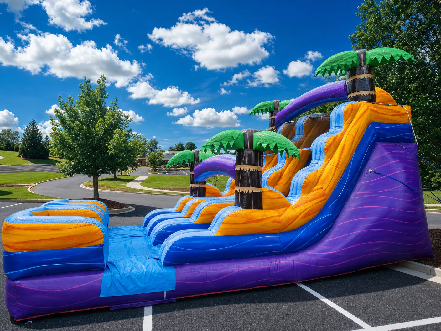 Wow Inflatables purple orange and blue tropical inflatable water slide with green palm trees set up in commercial parking lot in Byron Georgia — tropical water slide rental Peach County