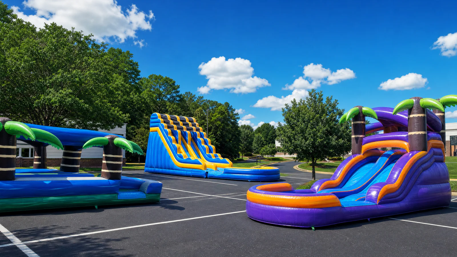 Wow Inflatables multiple inflatable water slides set up together at large outdoor event in Middle Georgia — tropical slip-n-slide blue yellow black water slide and purple orange water slide in commercial parking lot