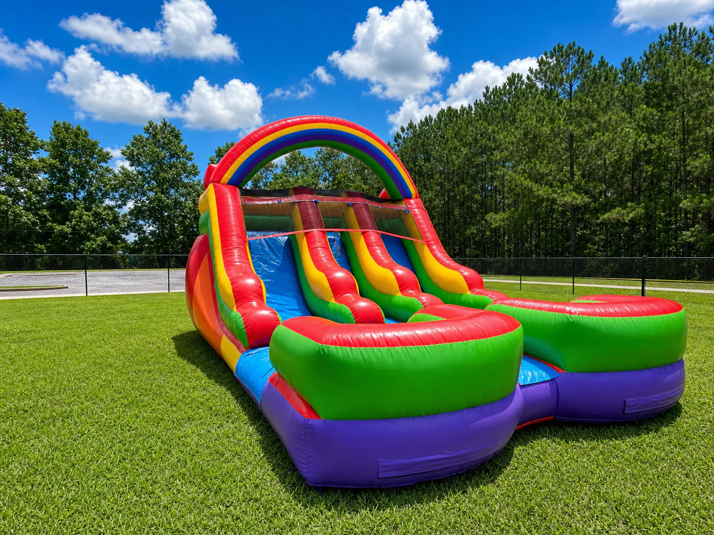 Wow Inflatables rainbow themed inflatable water slide with large colorful rainbow arch at top and red orange yellow green purple colors set up on green grass in Griffin Georgia — kids water slide rental Spalding County