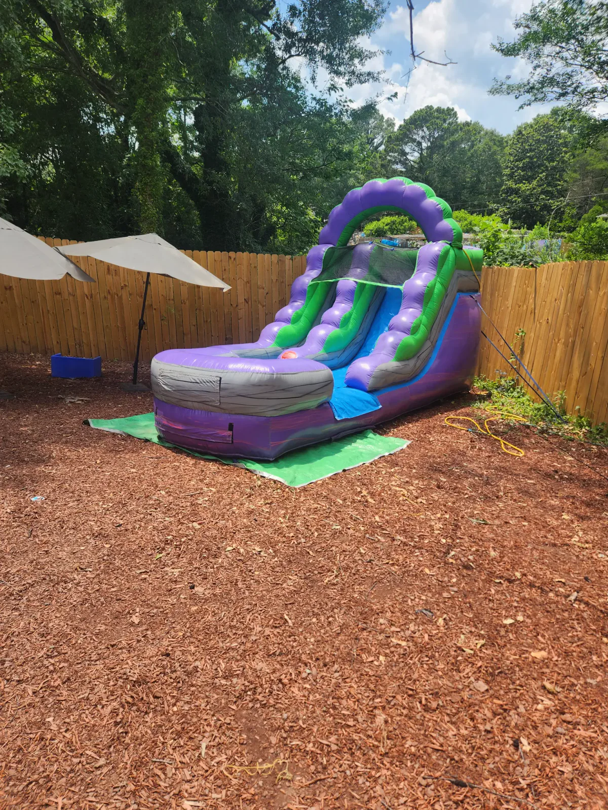 Wow Inflatables purple and green tropical inflatable water slide rental at backyard birthday party in Georgia — dual lane commercial water slide with splash pool