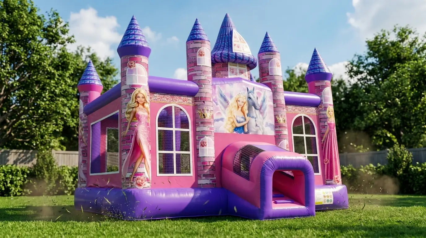 Owner-supplied styled equipment preview of a pink and purple princess castle bounce house for Middle Georgia rentals