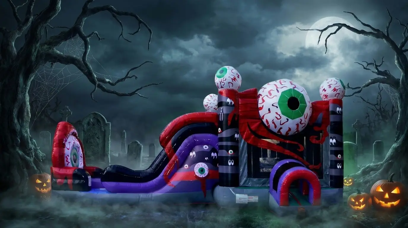 Owner-supplied styled equipment preview of a Halloween eyeball inflatable combo for Middle Georgia fall events