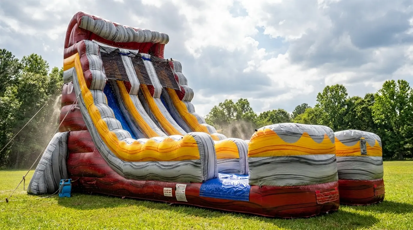 Owner-supplied styled equipment preview of a red yellow and gray dual-lane inflatable water slide for Middle Georgia rentals