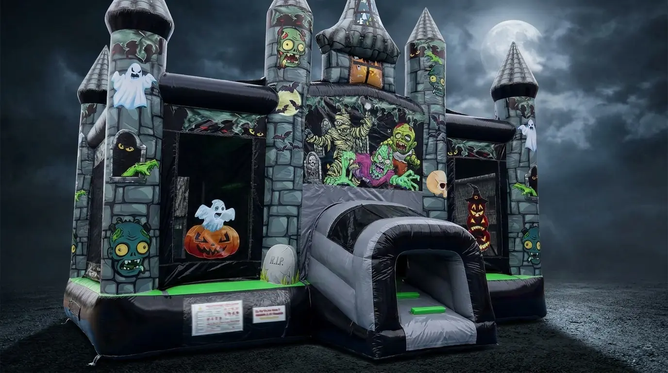 Owner-supplied styled equipment preview of a gray Halloween castle bounce house for Middle Georgia fall rentals