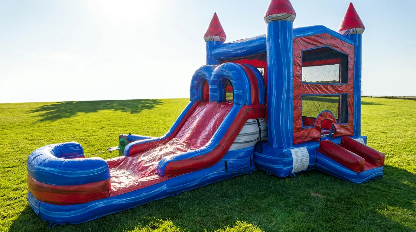Owner-supplied styled equipment preview of a red and blue inflatable wet or dry combo for Middle Georgia rentals