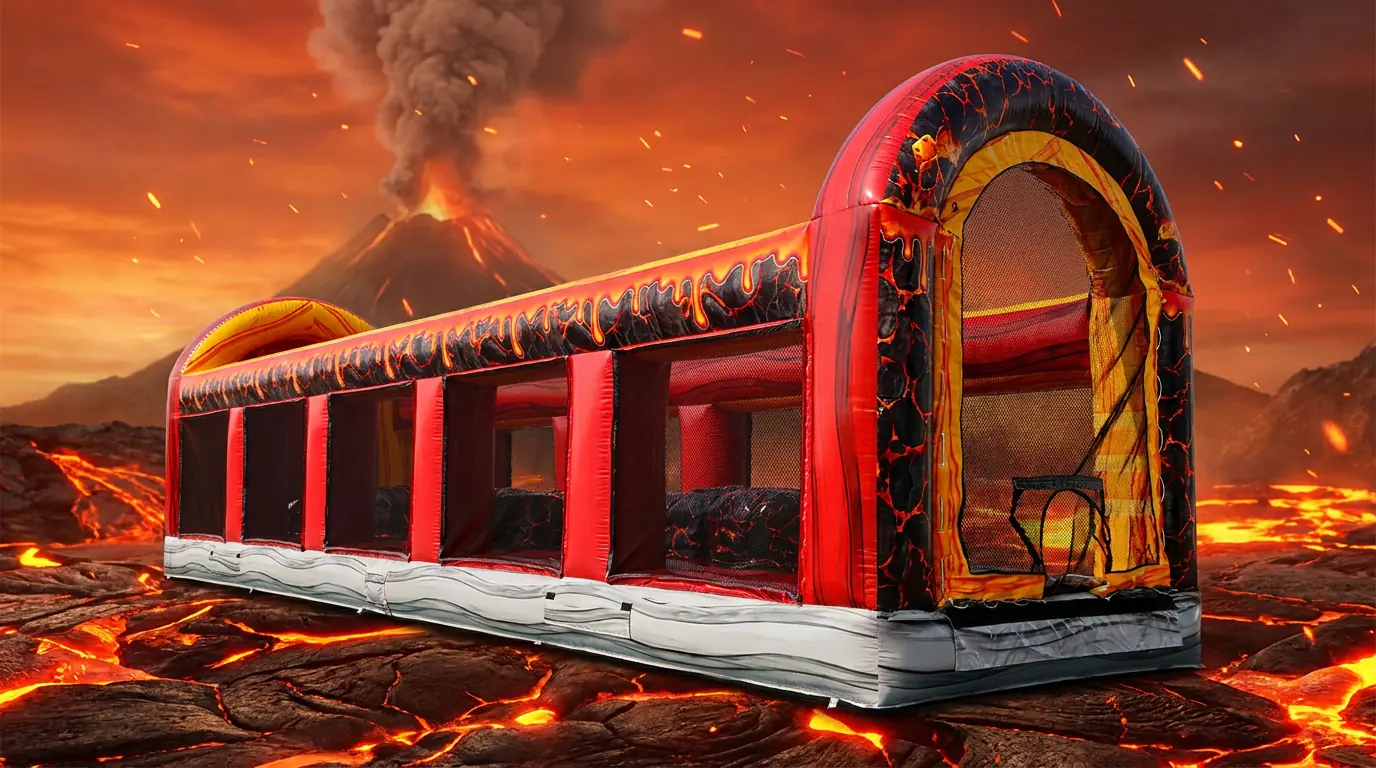 Owner-supplied styled equipment preview of a red and black lava themed inflatable obstacle course for Middle Georgia events