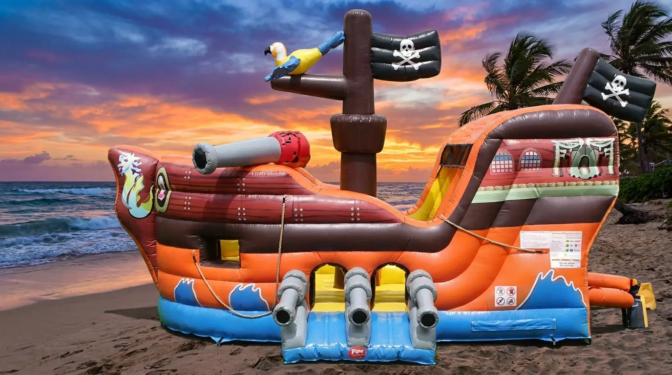 Owner-supplied styled equipment preview of a pirate ship inflatable bounce house for Middle Georgia party rentals