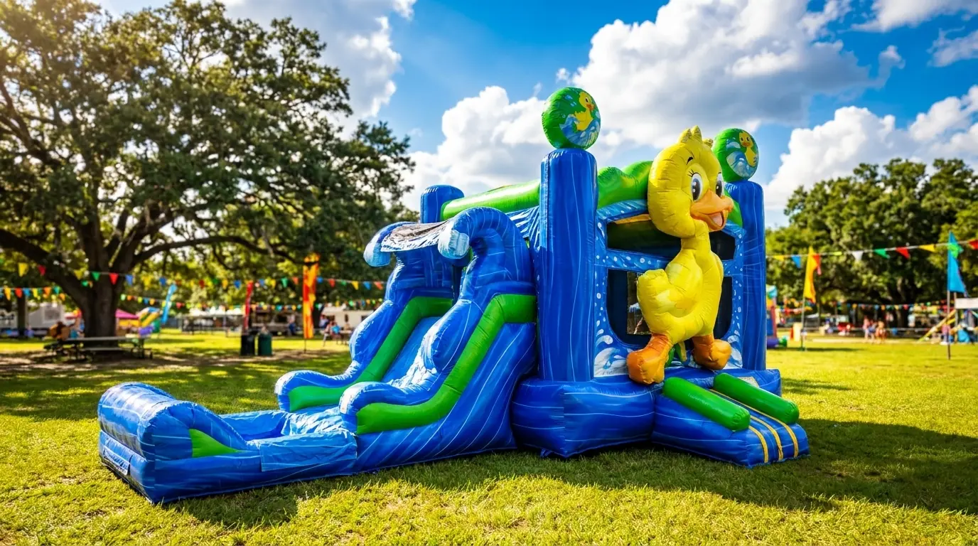 Owner-supplied styled equipment preview of a blue green and yellow duck inflatable combo for Middle Georgia rentals