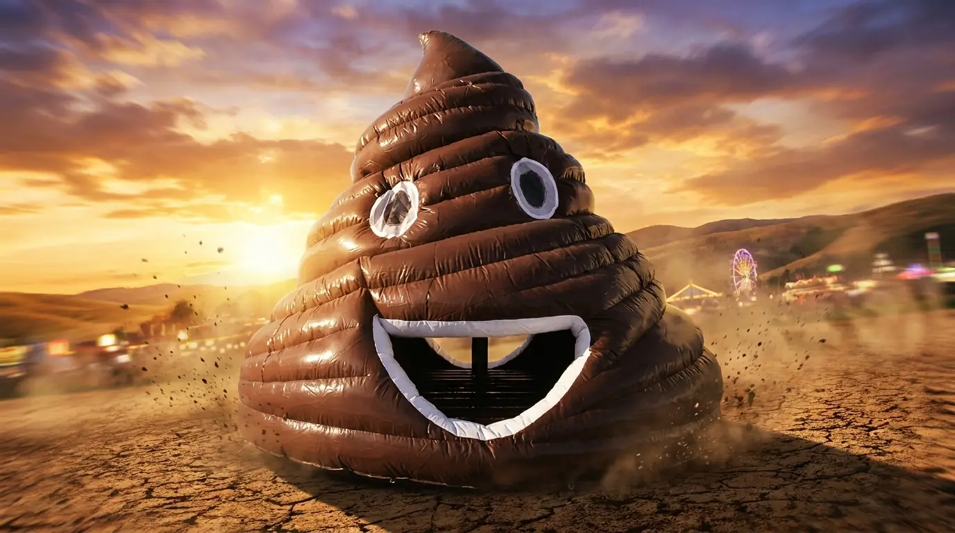 Owner-supplied styled equipment preview of a brown poop emoji inflatable bounce house for Middle Georgia novelty events