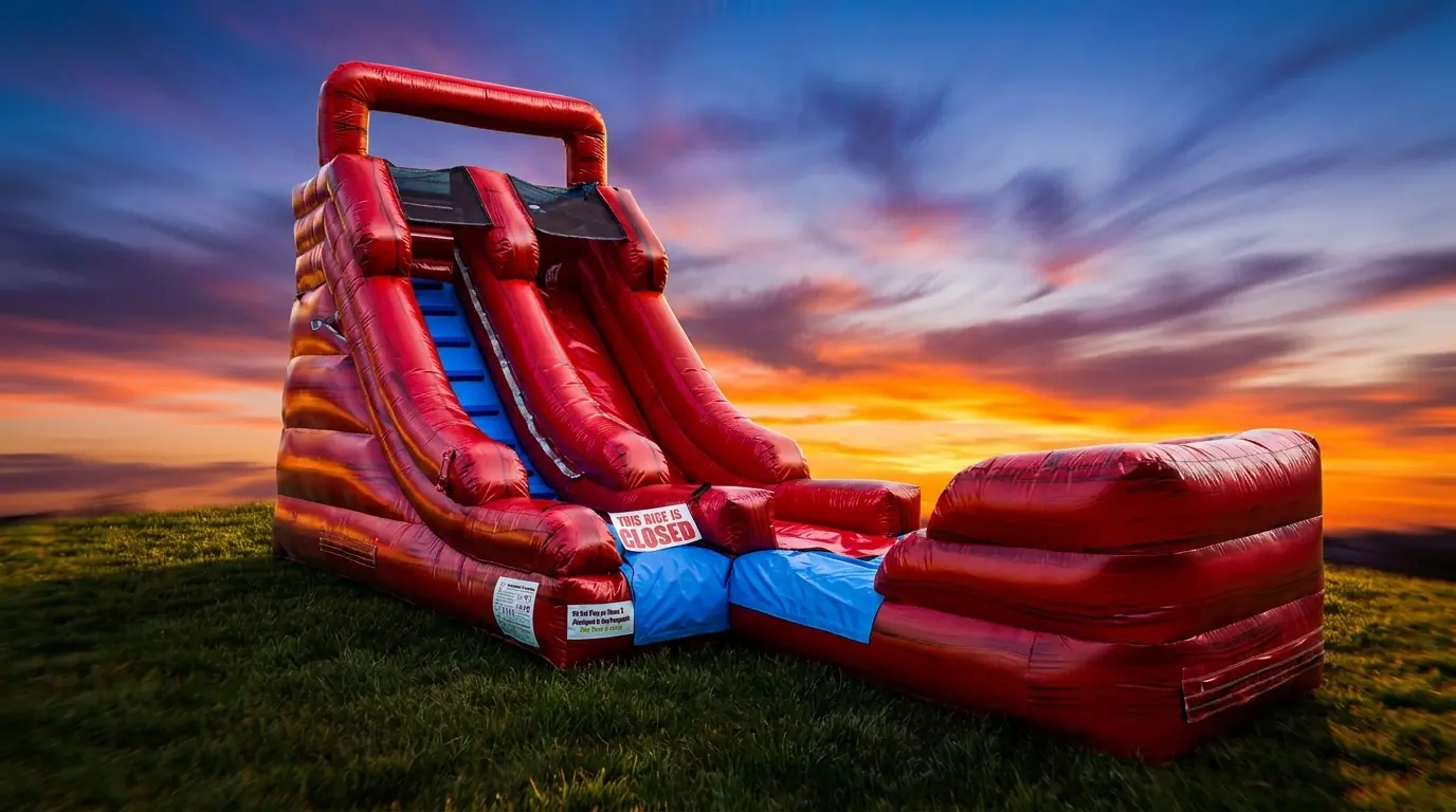 Owner-supplied styled equipment preview of a red inflatable water slide with splash pool for Middle Georgia rentals