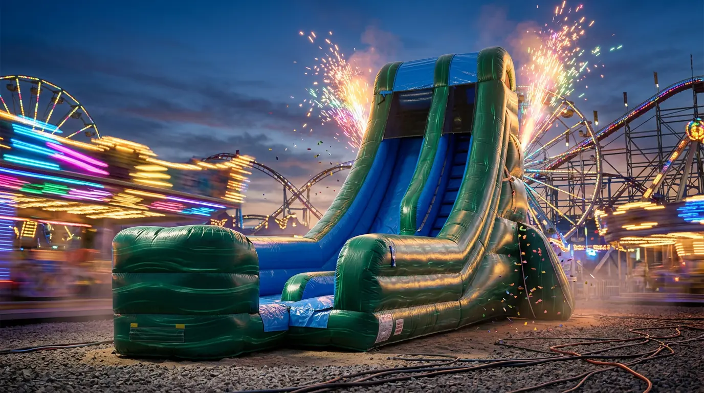 Owner-supplied styled equipment preview of a green and blue inflatable water slide for Middle Georgia rentals