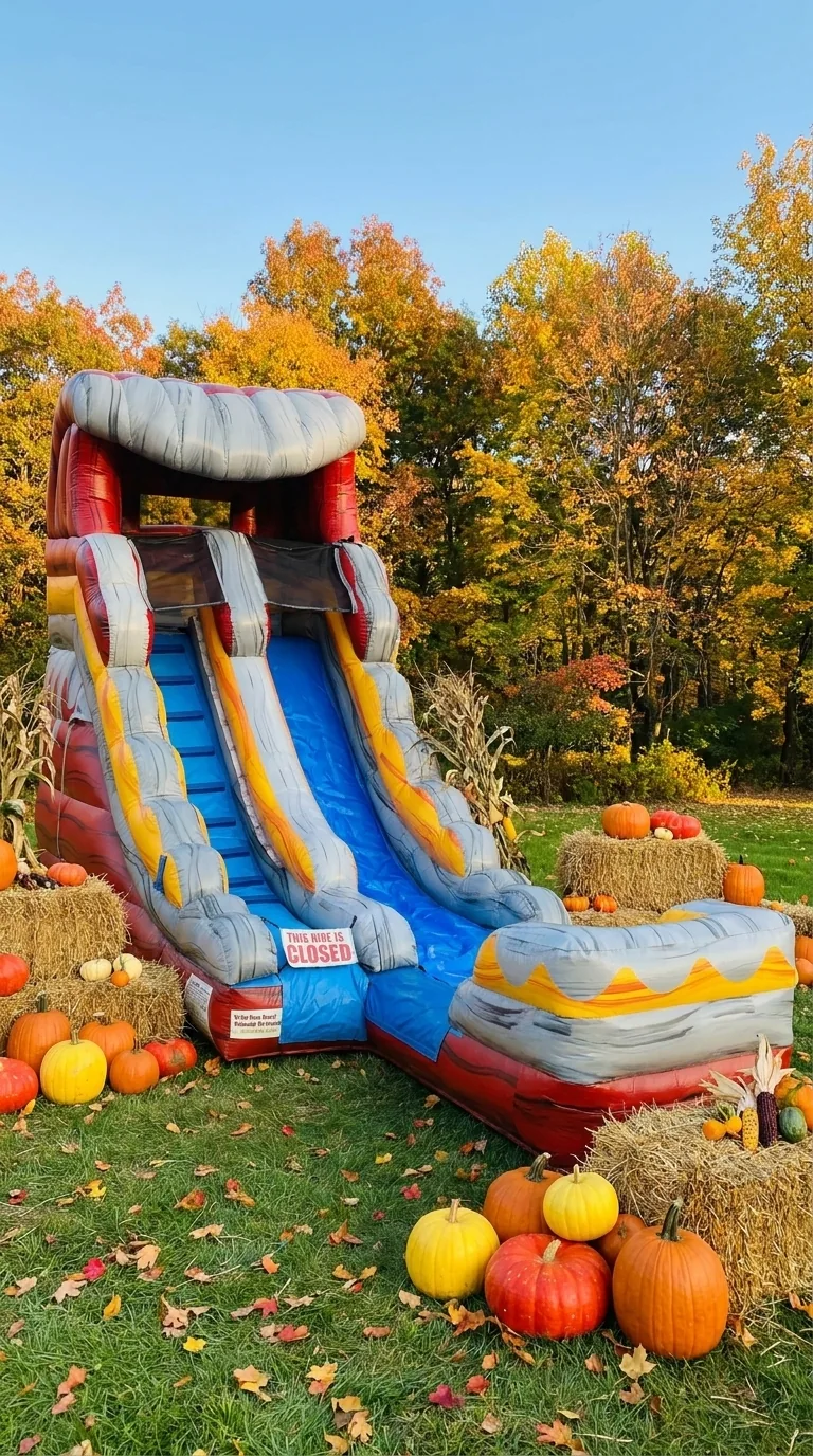 Blue dual-lane inflatable slide with pumpkins at its base and autumn trees in a styled seasonal scene