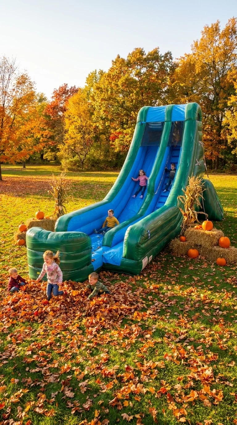 Blue and green dual-lane inflatable slide in an autumn-styled clearing with leaves and pumpkins