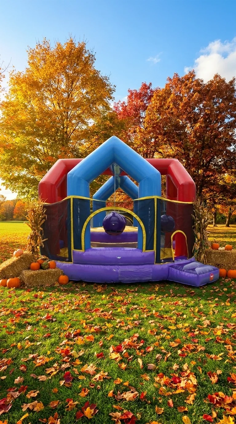 Colorful red, blue, and yellow bounce house with a purple entrance in an autumn-styled setting