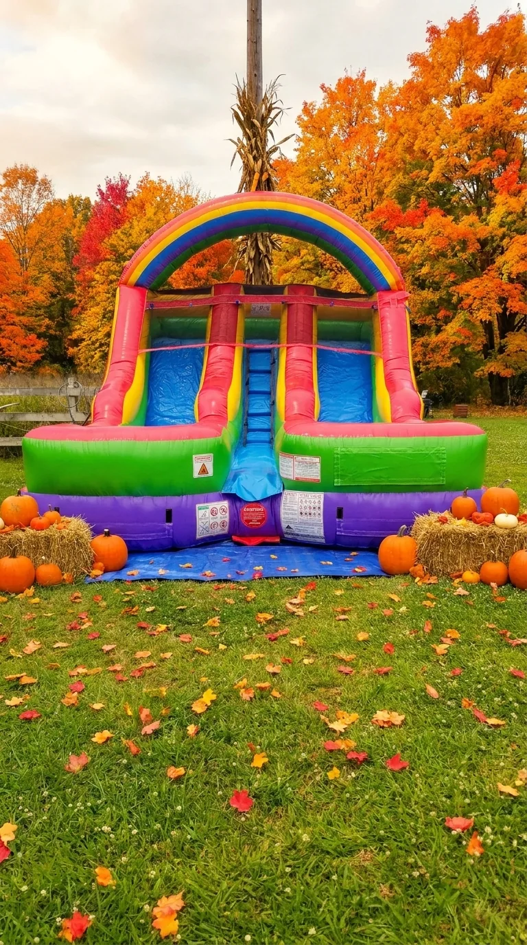 Dinosaur-themed purple and green inflatable with a decorated arch in an autumn-styled setting