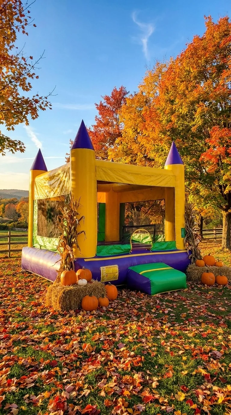 Yellow castle bounce house with purple turrets and a blue entrance among autumn trees in a styled scene