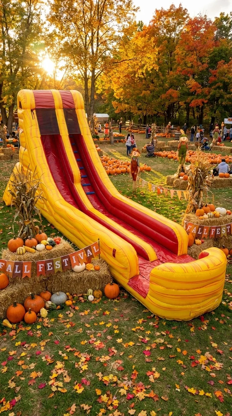 Tall yellow and red inflatable slide in an autumn-styled festival setting with hay bales and pumpkins