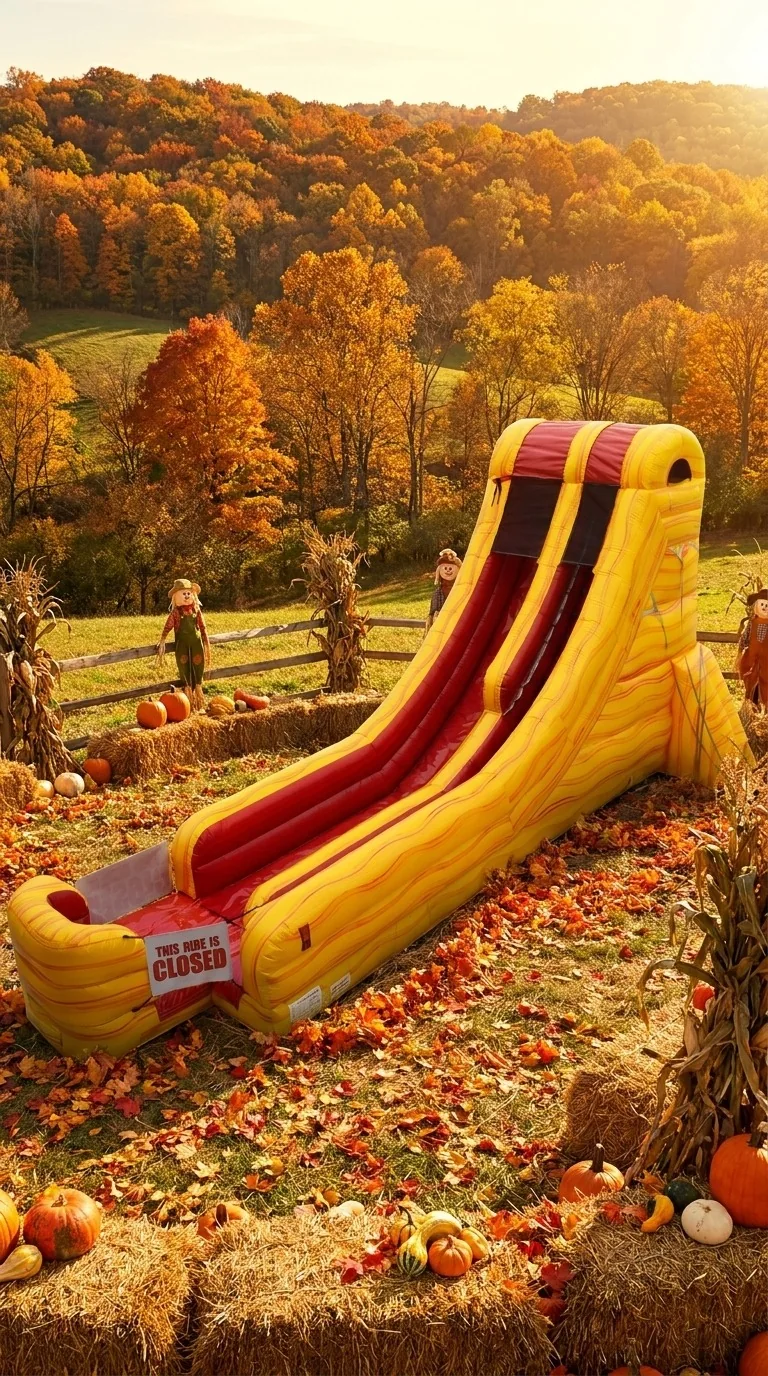 Yellow and red inflatable slide overlooking a wooded hillside in a styled autumn scene