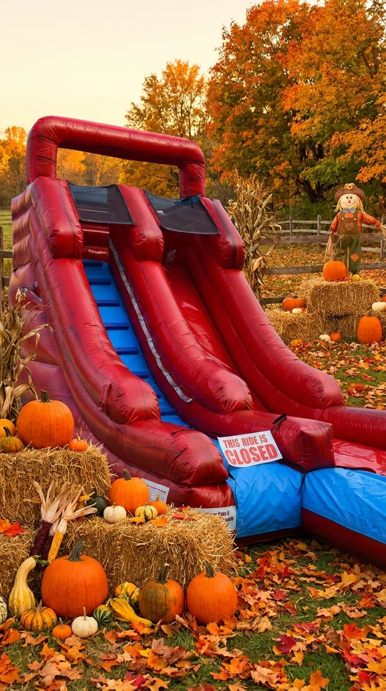 Red and blue dual-lane inflatable slide surrounded by pumpkins and golden trees in a styled fall scene
