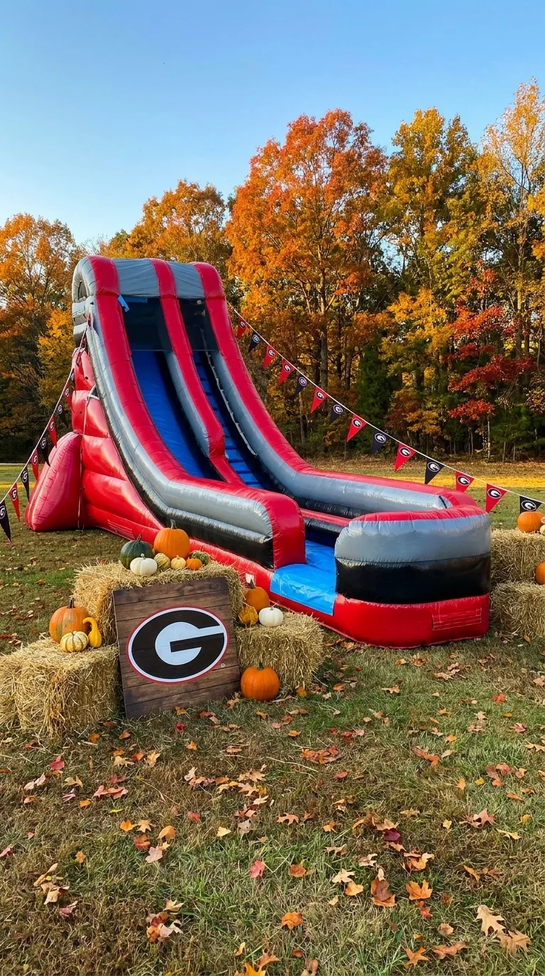 Red and charcoal inflatable slide with a blue landing area and fall decorations in a styled scene