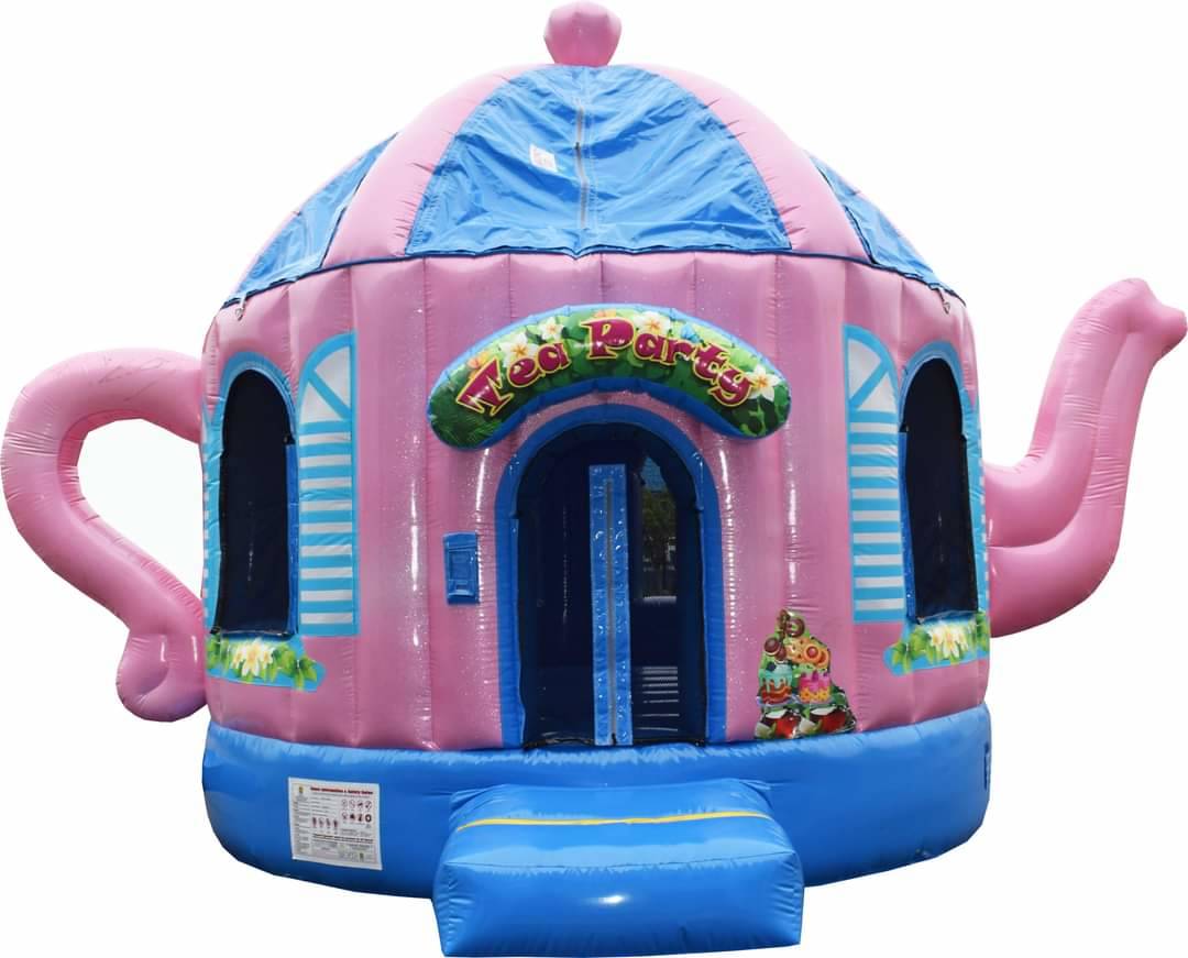Actual Wow Inflatables pink and blue Teapot Bounce rental unit