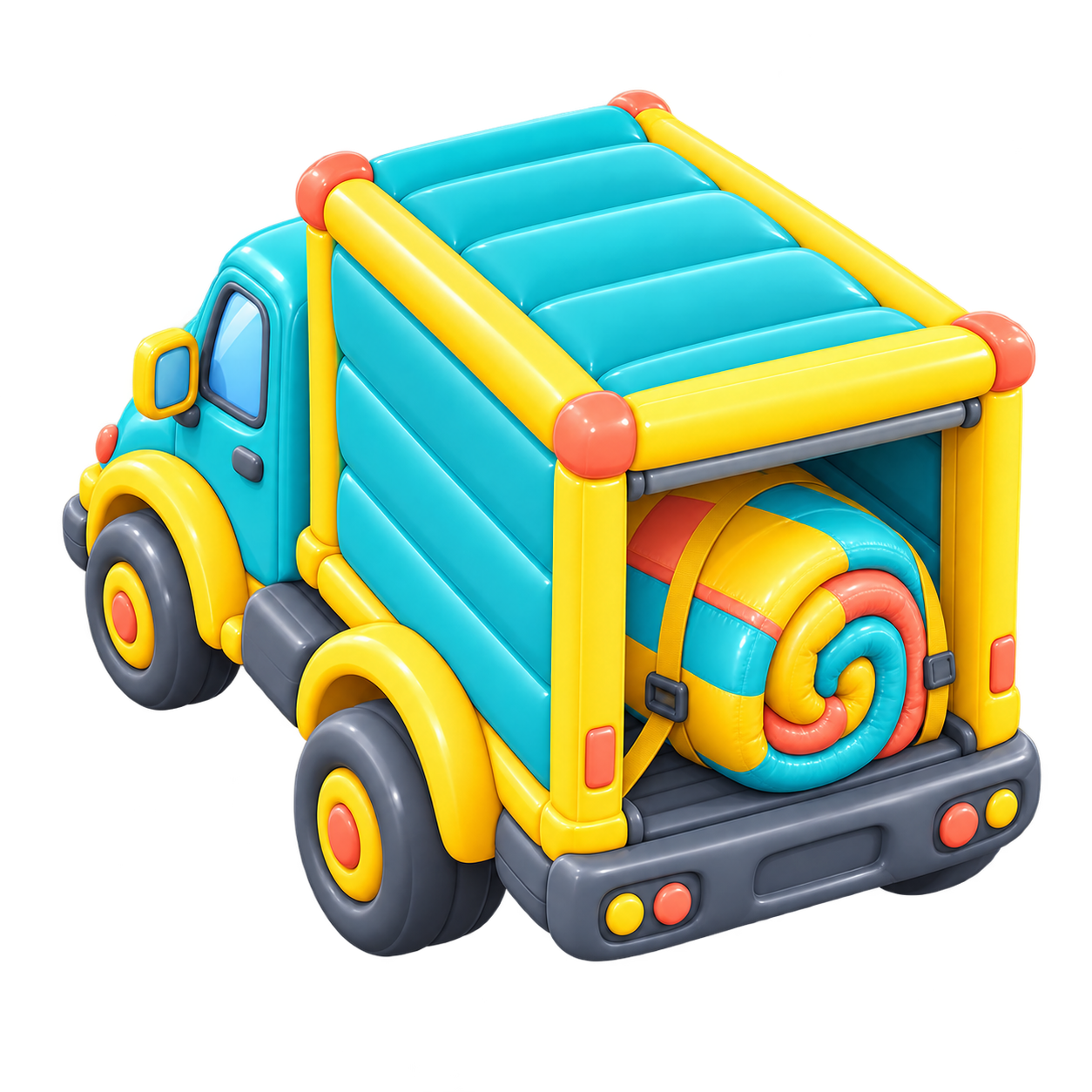 A playful aqua and yellow inflatable delivery truck